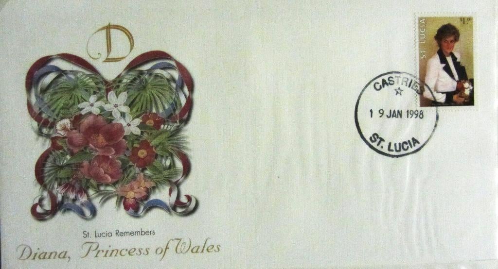 GROTE FDC- PRINSES DIANA MET POSTZEGEL ST. LUCIA, Ophalen of Verzenden, Gestempeld, Koningshuis