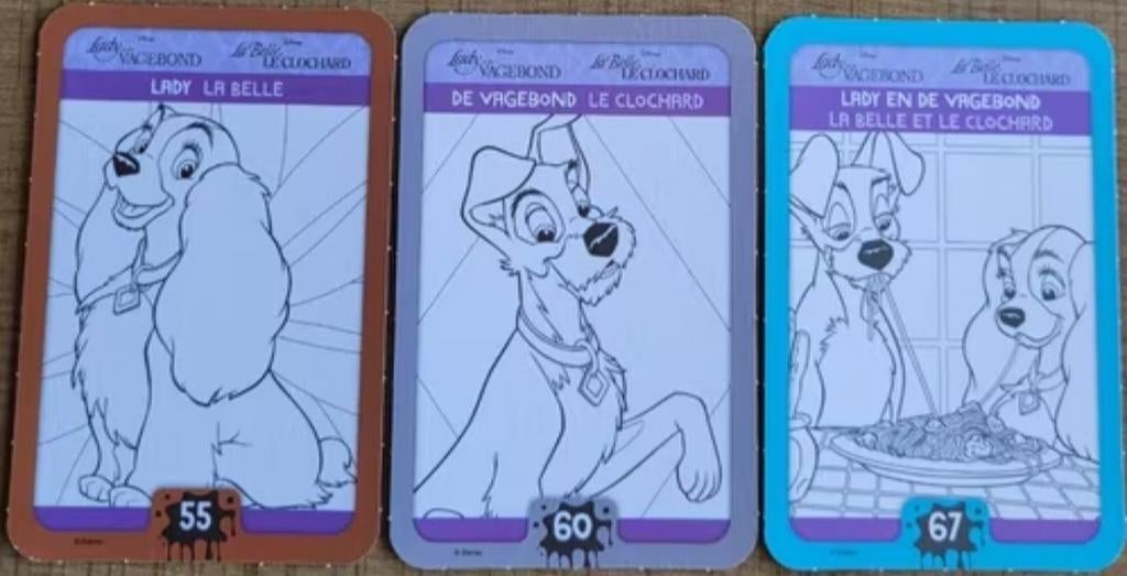 Lady en de Vagebond: 3 verzamelkaarten Disney Colour Magic, Verzamelen, Ophalen of Verzenden, Zo goed als nieuw, Film, Foto of Kaart