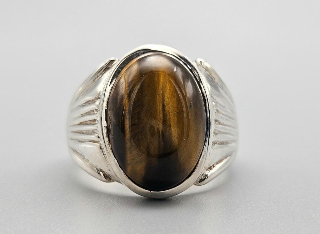 Zilveren herenring met edelsteen tijgeroog. 2024/Z66., Handtassen en Accessoires, Ringen, Nieuw, Ophalen of Verzenden, Dame of Heer