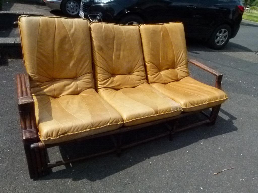 vintage sofa zitbank bamboe leder mid-century, Enlèvement, Maison et Meubles