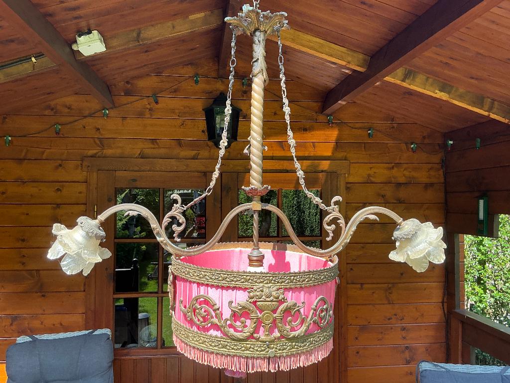 Prachtige antieke bronzen hanglamp, Zo goed als nieuw, Glas, 75 cm of meer, Antiek
