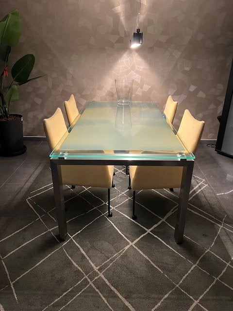 design glazen eetkamer tafel en stoelen, Huis en Inrichting, Ophalen, Zo goed als nieuw, Design, 4 tot 6 stoelen