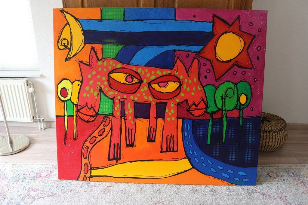Groot oud schilderij door Paul Megens. goedkoop !, Ophalen, Handgeschilderd, Acrylverf, Figuren