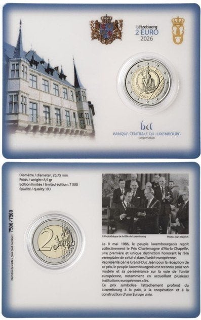 coincard 2 euros Prix Charlemagne Luxembourg 2026, Timbres & Monnaies, Monnaies | Europe | Monnaies euro, Envoi, Luxembourg, 2 euros