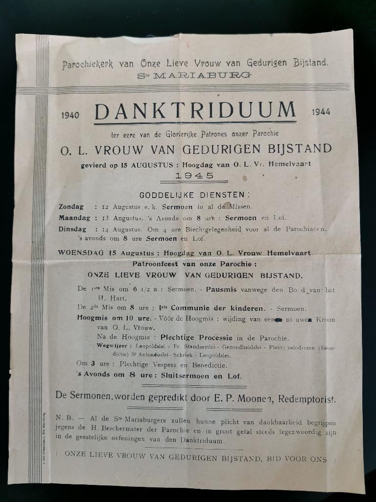 Oude poster Dank Triduum Parochiekerk Mariaburg 1945, Ophalen of Verzenden, Overige typen, Christendom | Katholiek