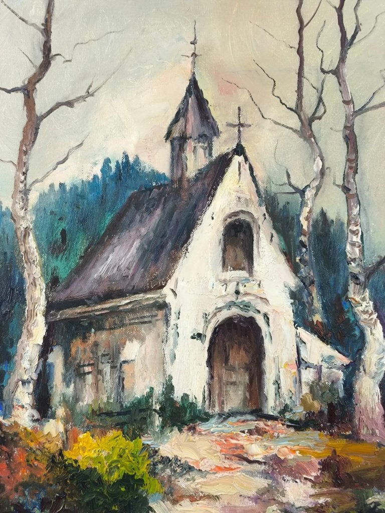 Peinture à l'huile « Chapelle forestière » — Albert Steel, Antiquités & Art, Enlèvement ou Envoi, Encadré, Peinture à l'huile