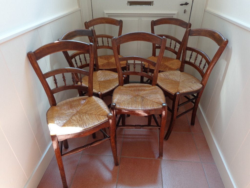 6 originele antieke eetkamerstoelen met biezen zitting, Antiek en Kunst, Ophalen