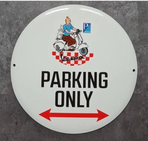 Vespa parking only emaillen decoratie bordje kuifje tintin, Enlèvement ou Envoi, Utilisé, Panneau publicitaire