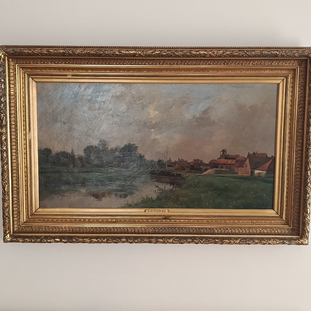 antieke schilderij van G. De Villers - rivierzicht, Enlèvement
