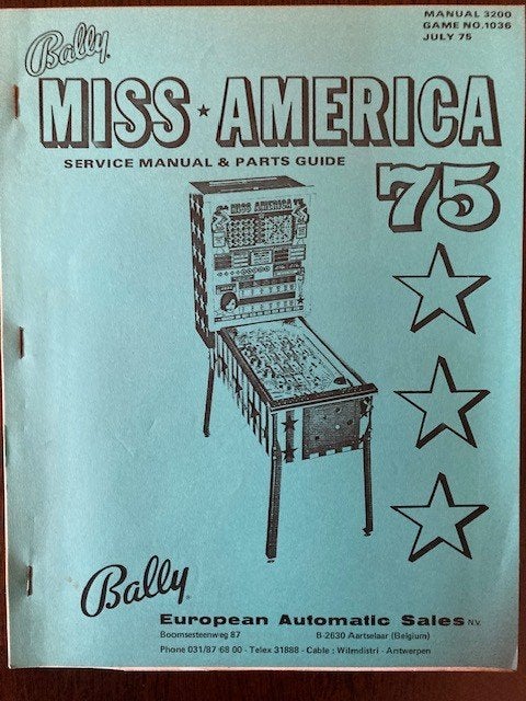 BALLY BINGO MISS-AMERICA 75 serice manual & parts guide, Ophalen of Verzenden, Zo goed als nieuw