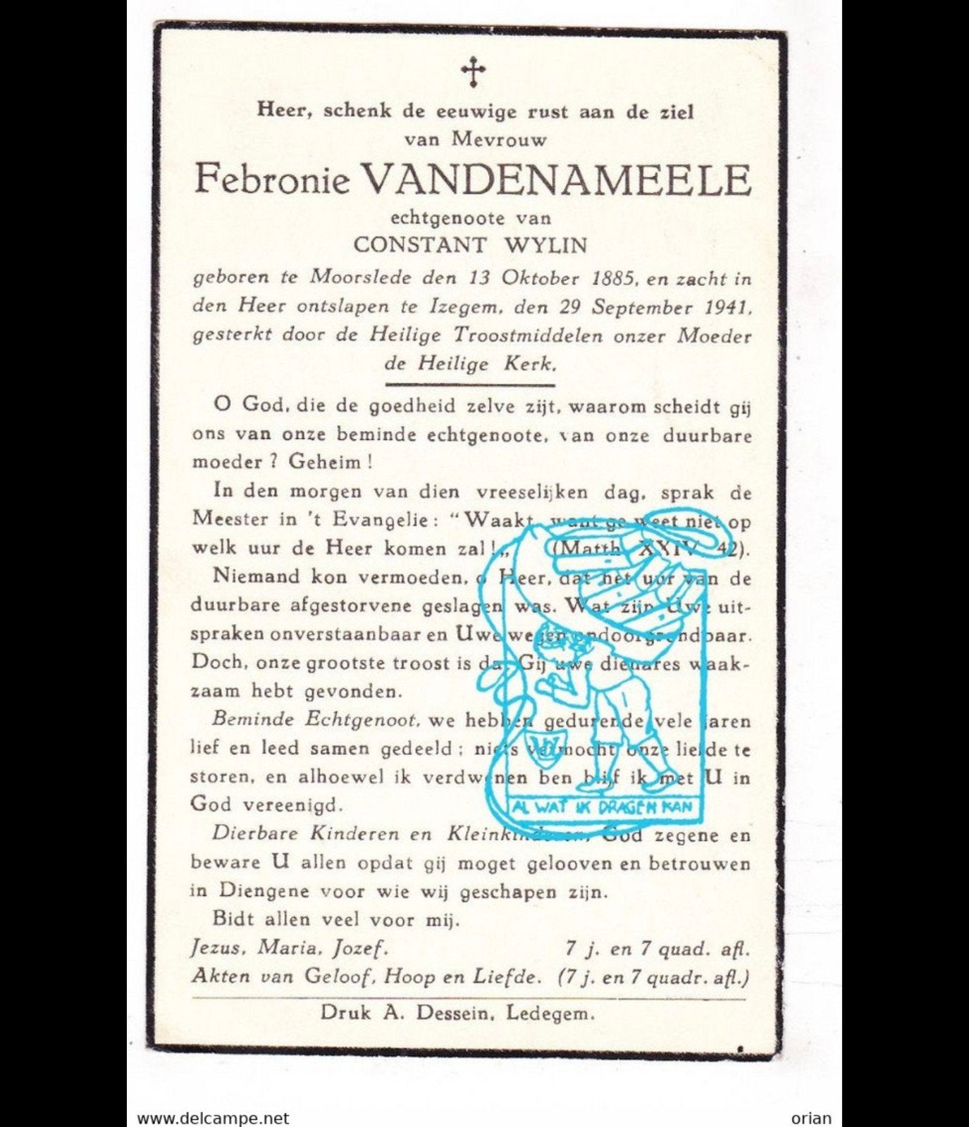Recherchée : Febronie Vandenameele, Enlèvement, Image pieuse