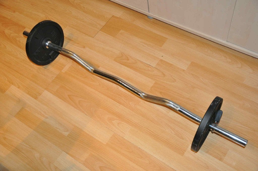 halterstang + 2 gewichten 5 kilo, Sport en Fitness, Fitnessmaterialen, Ophalen, Zo goed als nieuw