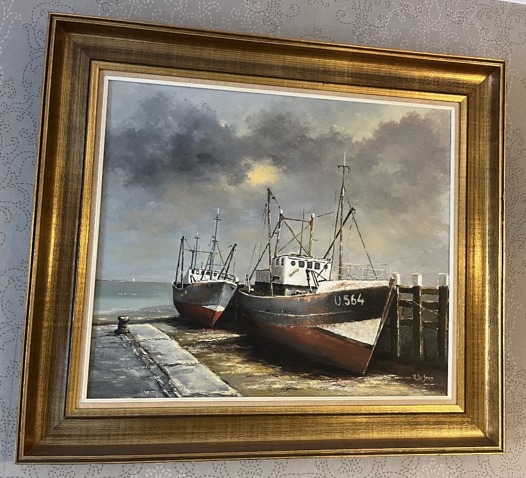 maritiem thema schilderij - R. De Smet, Antiek en Kunst, Ophalen, Maritiem / water, Doek, Realistisch