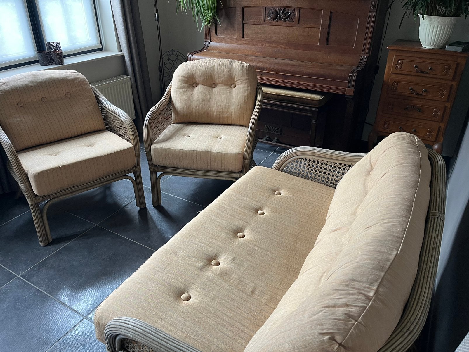 Vintage rotan loungeset, Ophalen, Gebruikt, Vintage Rotan, 150 tot 200 cm