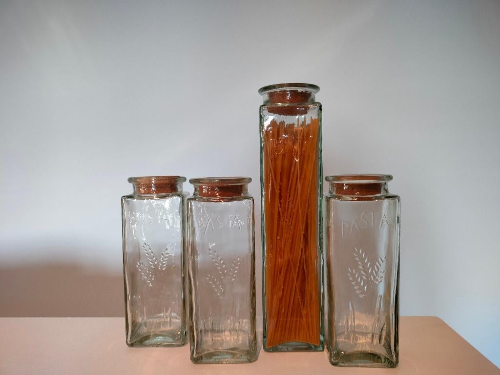 4-delige set met glazen pastavoorraadpotten, Ophalen of Verzenden, Zo goed als nieuw, Glas, Overige typen