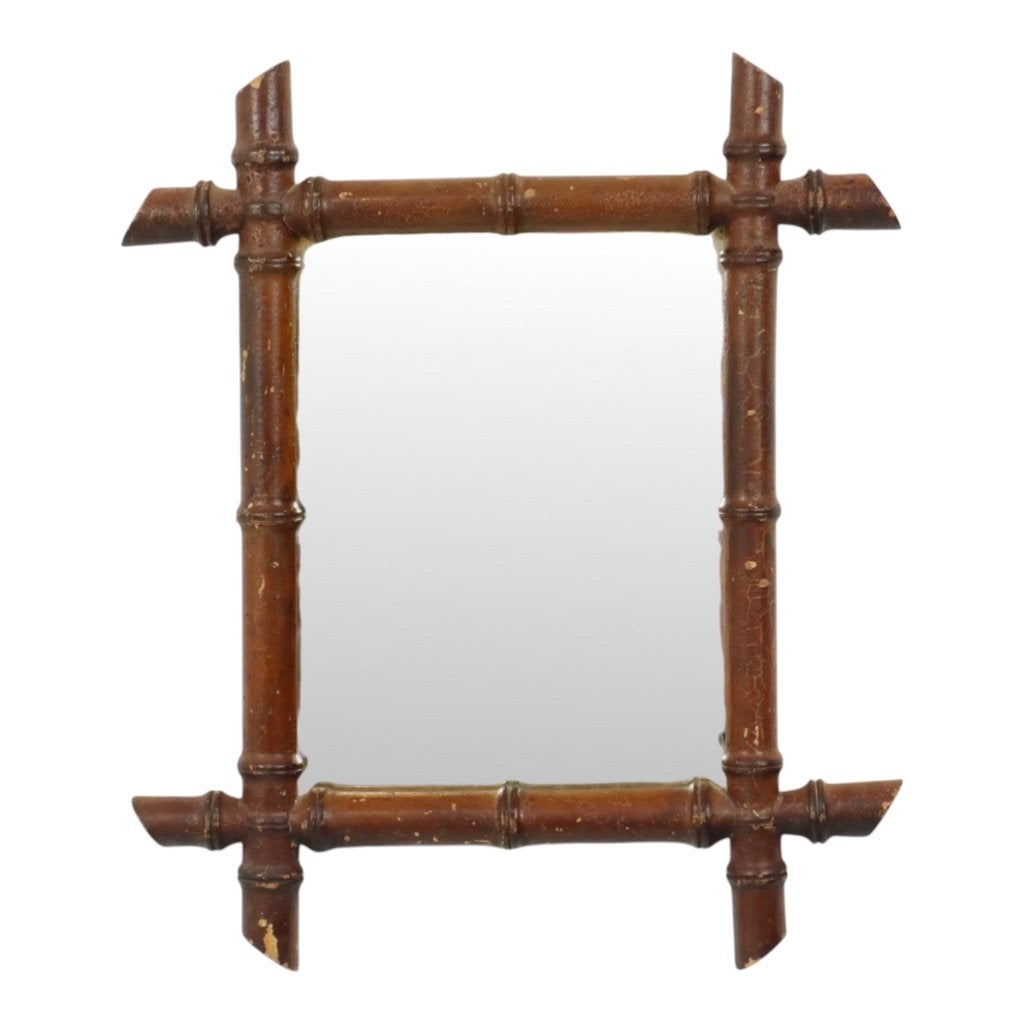 Antieke Houten Faux Bamboe Spiegel Frankrijk 42x36cm, Antiek en Kunst, Ophalen of Verzenden, Rechthoekig, Minder dan 50 cm, Minder dan 100 cm