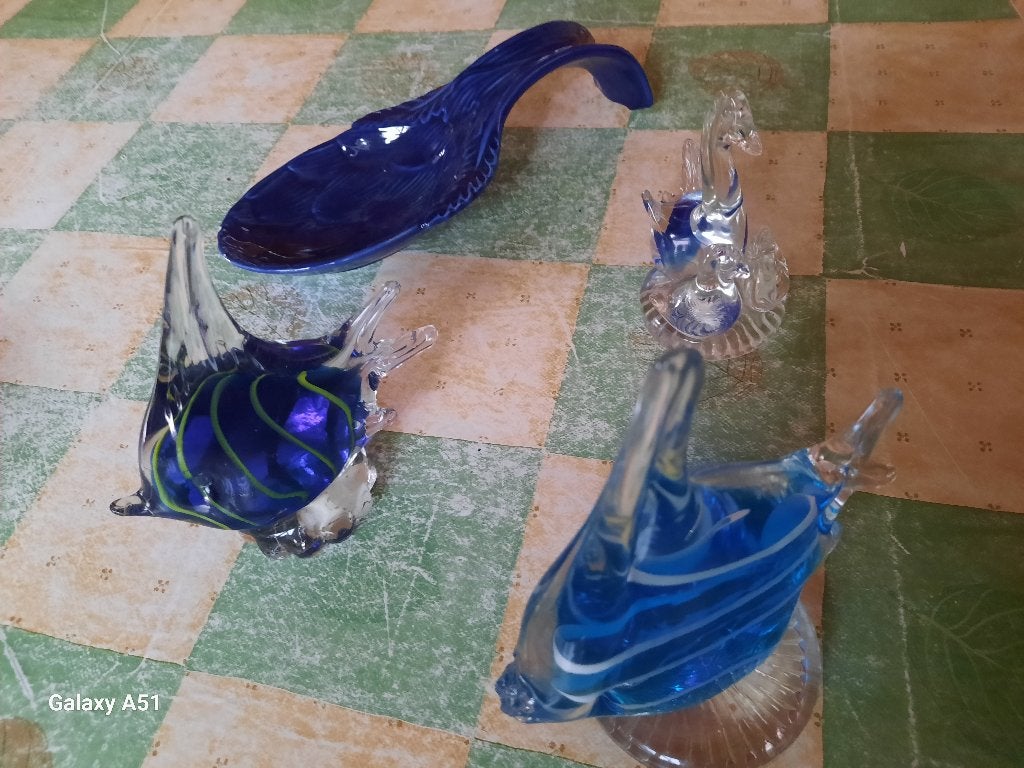 glazen set siervissen eend met kleintjes en keram.schaaltje, Ophalen of Verzenden