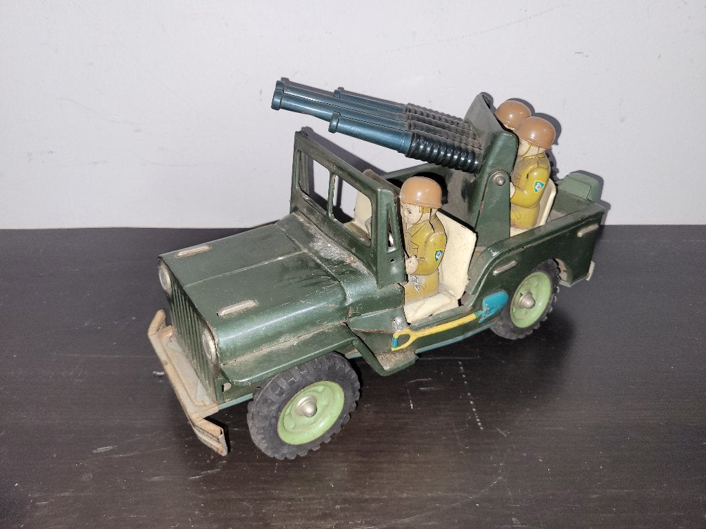 antiek metalen speelgoed luchtafweerjeep Sanes Trading 1950, Antiek en Kunst, Ophalen of Verzenden