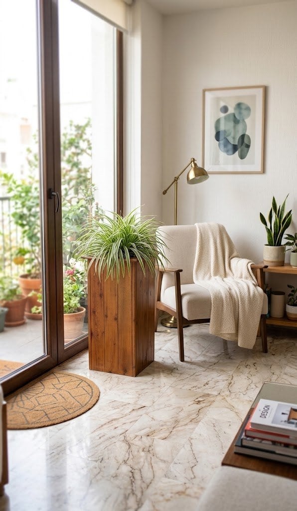 GRANDE JARDINIERE EN BOIS AVEC PLANTES ARAIGNEE / CHLOROPHYL, Ophalen, Minder dan 60 cm, Zo goed als nieuw, Binnen