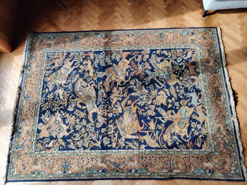 Vintage Louis De Poortere tapijt - klassiek design -198x141, Huis en Inrichting, Ophalen, 100 tot 150 cm, Blauw, Zo goed als nieuw
