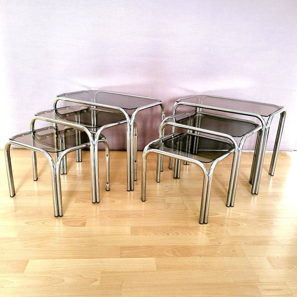 Italiaanse chromen bijzettafels „In perfecte staat”, Ophalen of Verzenden, Design 70", Rechthoekig, Glas