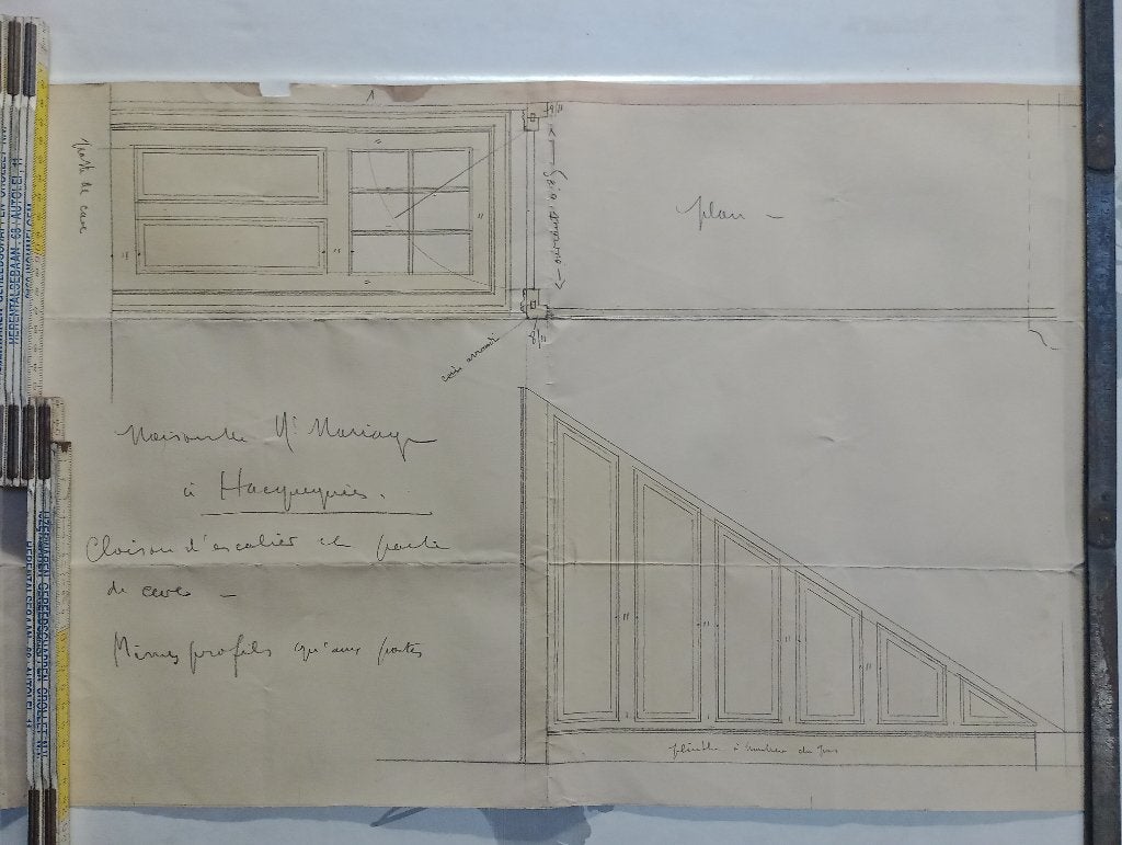 Plan d'architecte menuiserie original - Escalier & cave, Enlèvement ou Envoi, Dessin, Original