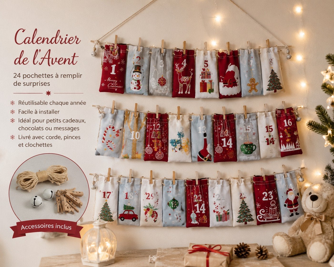 Calendrier de l'Avent en tissu réutilisable – 24 pochett