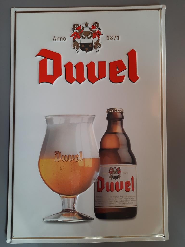 Duvel bier reklame. Metalen plaat H 43.5 cm x B 29 cm., Verzamelen, Ophalen, Duvel
