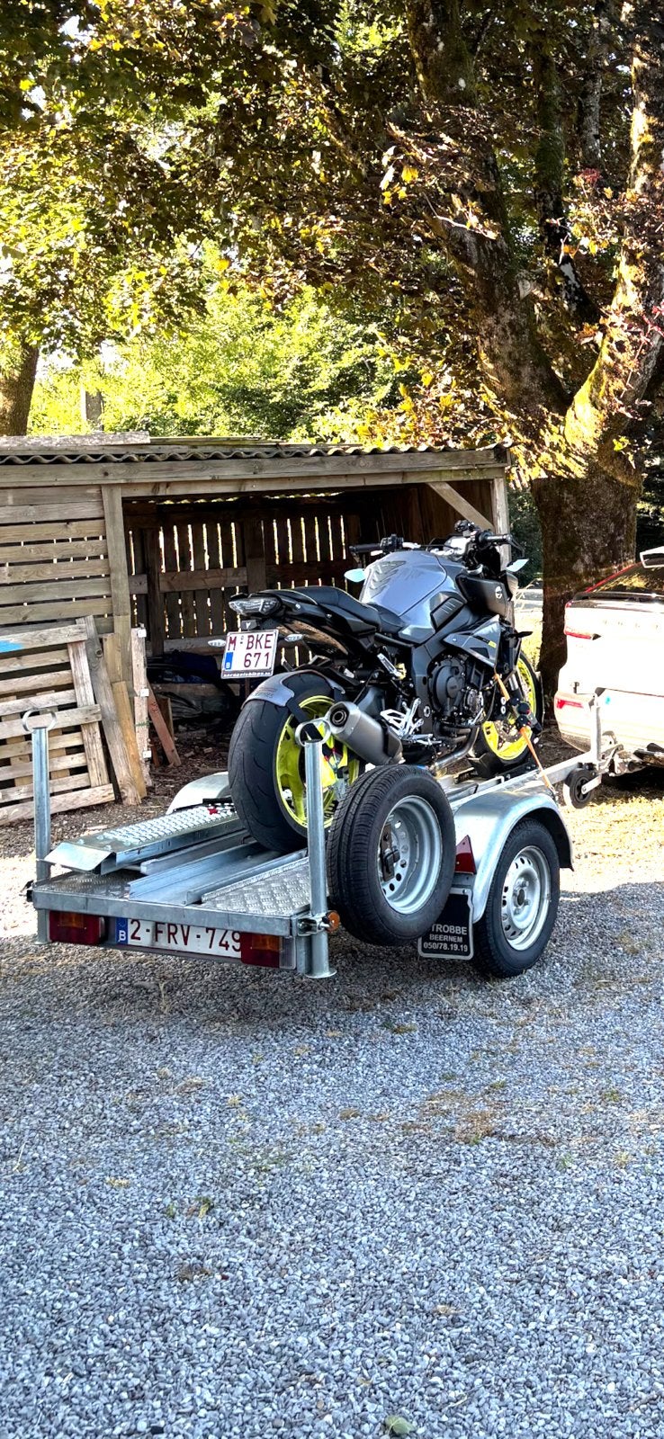Moto trailer aanhangwagen inclusief 3 rijplaten, Autos : Divers, Remorques, Enlèvement, Comme neuf
