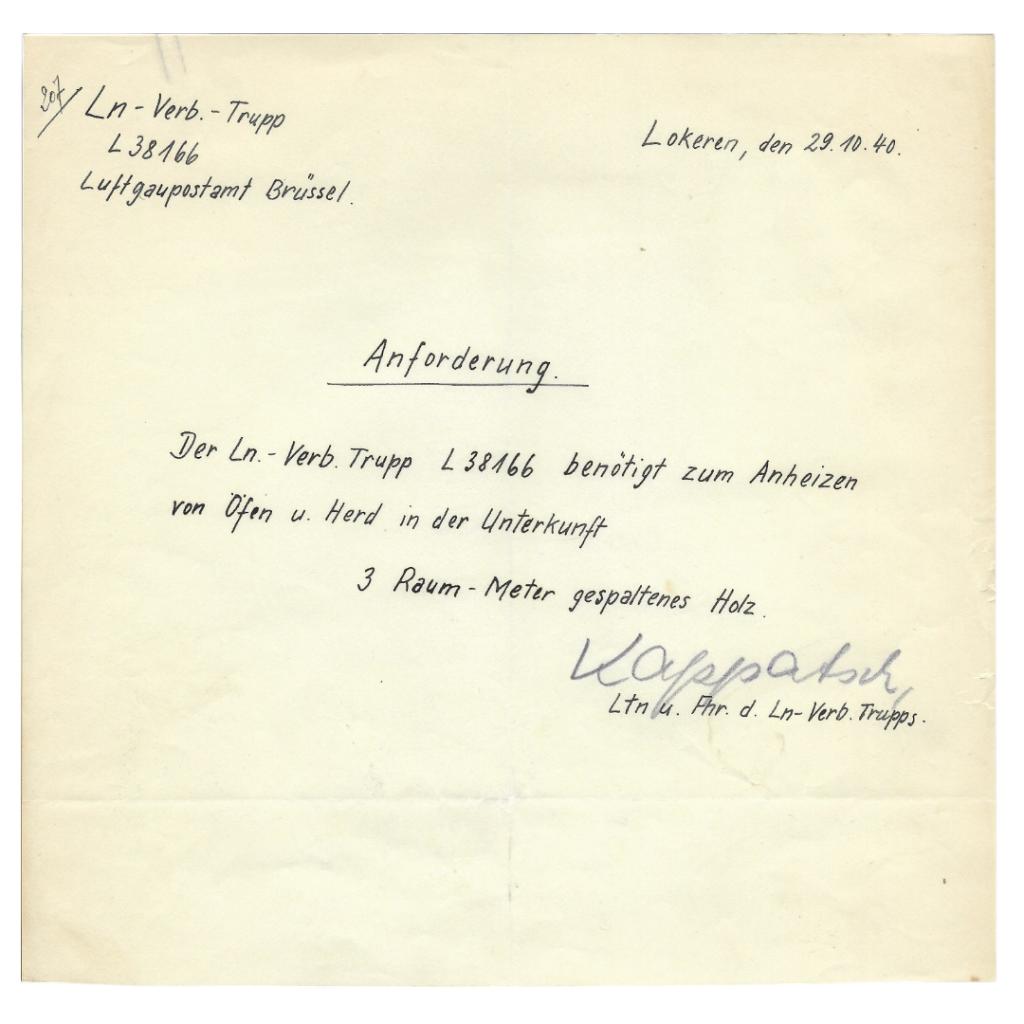 Document allemand - bois de chauffage Luftwaffe à Lokeren, Collections, Objets militaires | Seconde Guerre mondiale, Armée de l'air