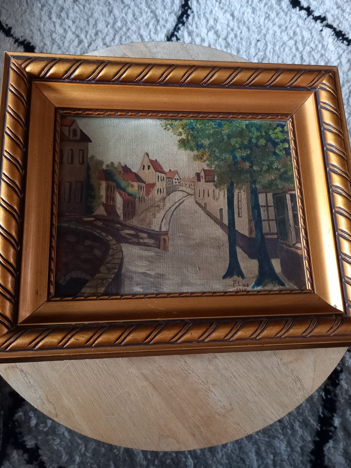 Sfeervol vintage olieverfschilderij Brugge (1948) – P. Loos, Enlèvement ou Envoi, Peinture à l'huile, Signé, Toile