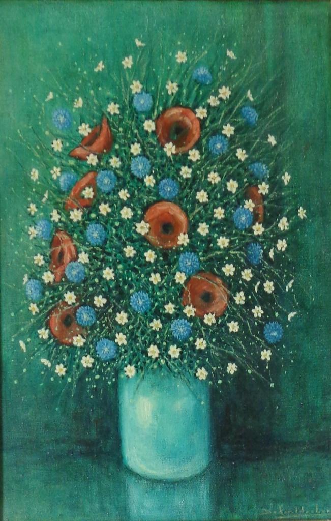 ONLEESBAAR / VELDBOEKET IN VAAS / OLIEVERF / 79x59cm / KADER, Antiquités & Art, Art | Peinture | Classique, Enlèvement