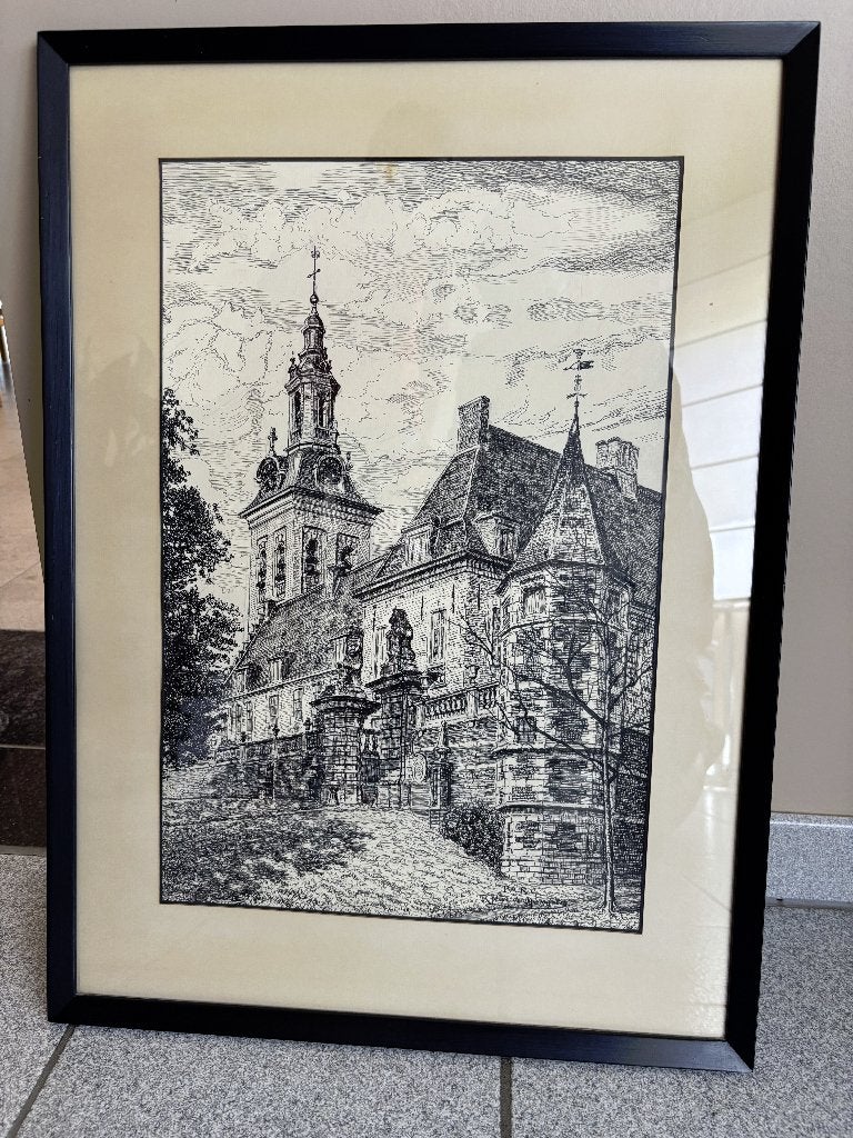 gravure encadrée Abbaye de Parc, 66 cm, Eau-forte, 48 cm, 1950 - 1999