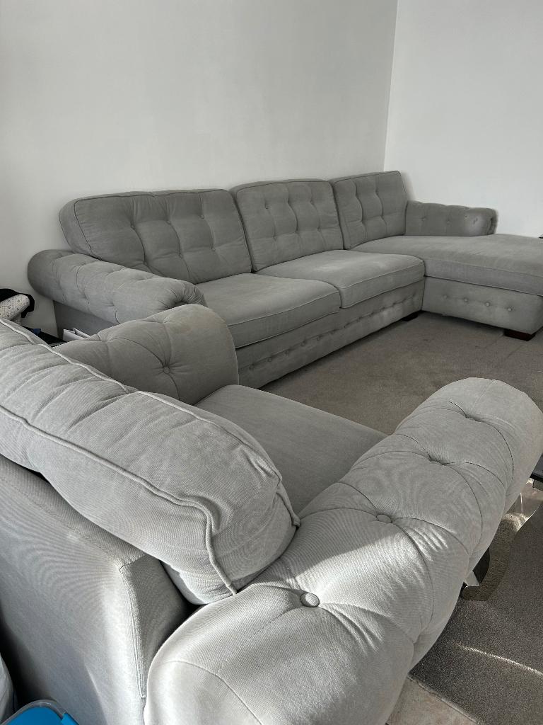 Hoekbank + fauteuil in Chesterfield-stijl, Huis en Inrichting, Fauteuils, Ophalen, Gebruikt, Stof