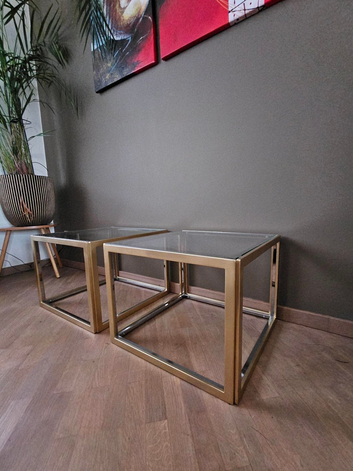 Set van 2 vintage bijzettafeltjes, stijl hollywood regency, Ophalen, Gebruikt, Vierkant, Jaren 70