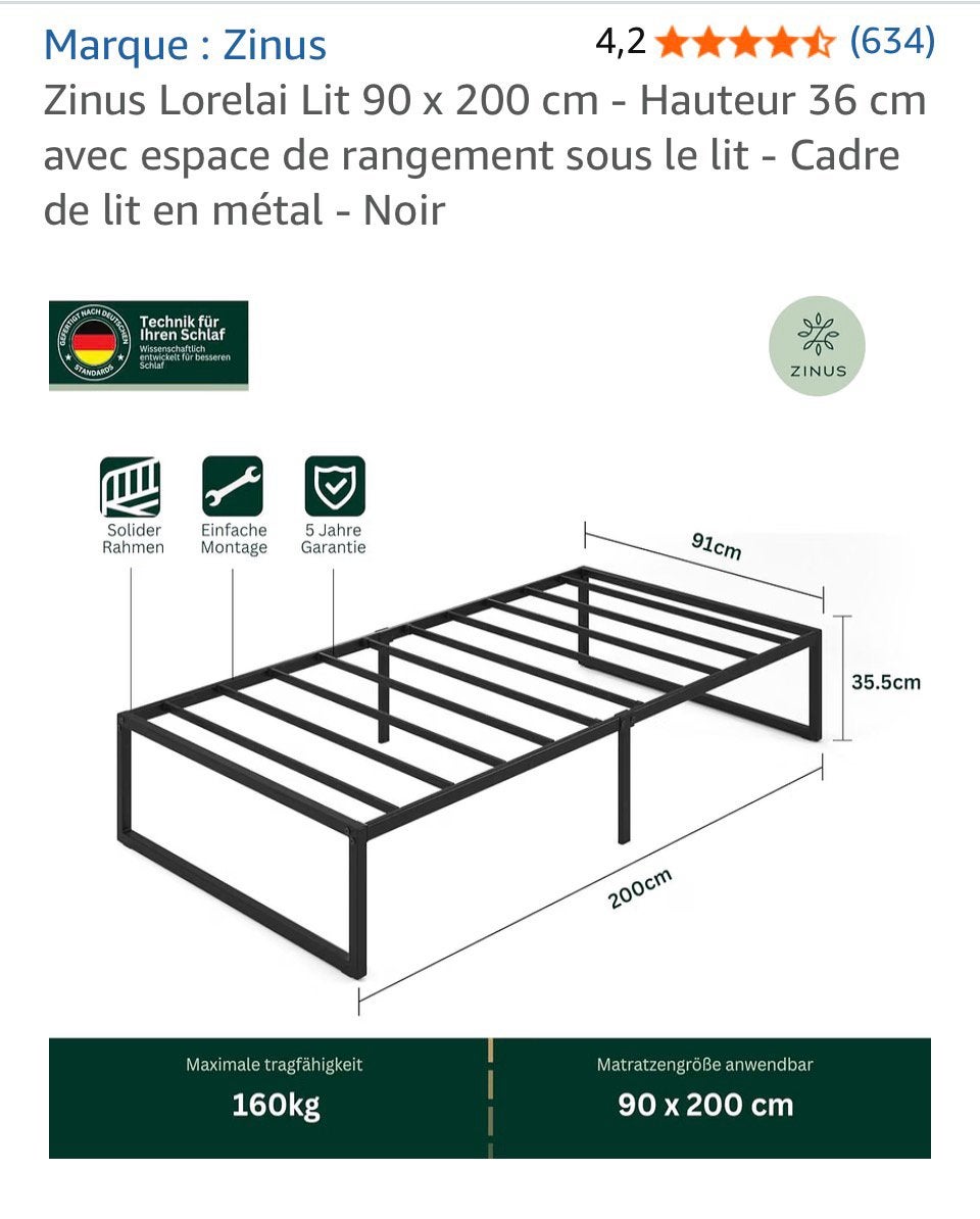 Zinus Lorelai Lit 90 x 200 cm espacesous le lit, Maison & Meubles, Chambre à coucher | Lits superposés & Lits mezzanines, Enlèvement