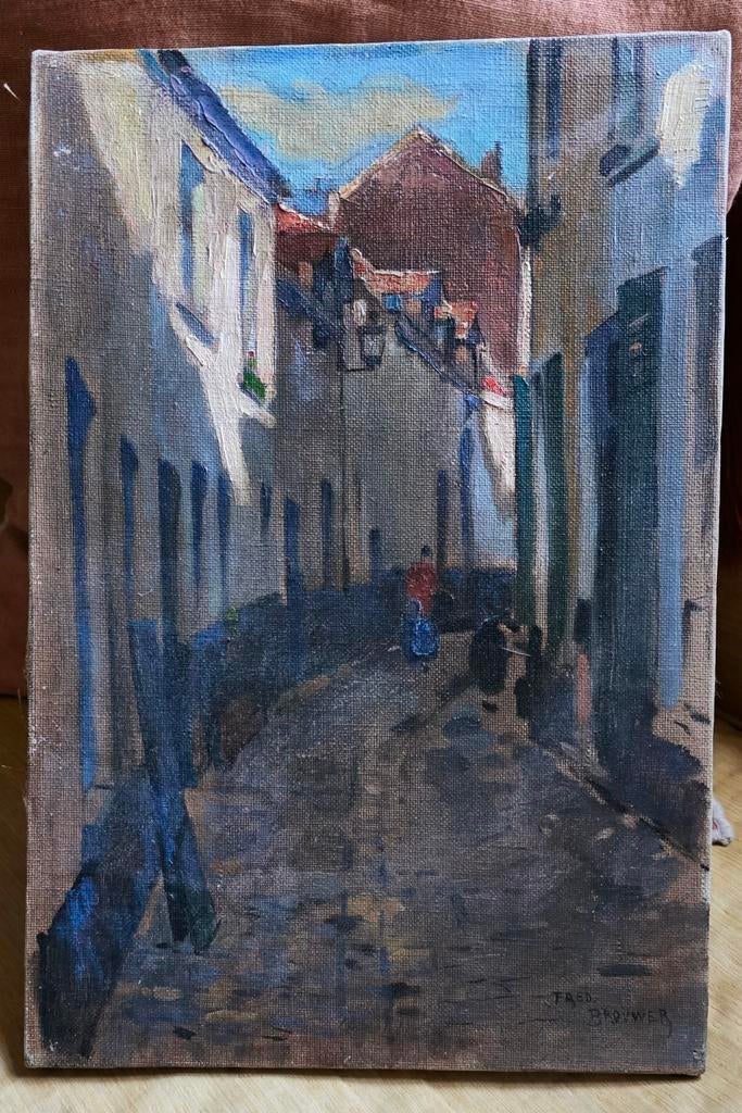 Steegje in Brugge. Olieverf op doek. 27 cm x 40 cm., Antiek en Kunst, Ophalen