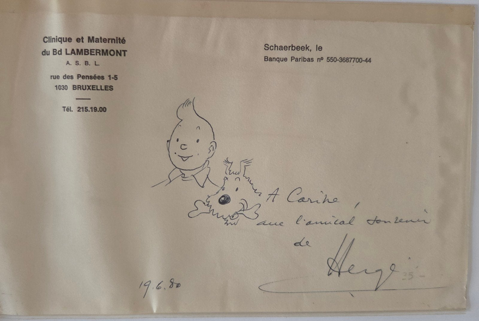 Originele tekening gemaakt door Hergé in 1980, Antiek en Kunst, Kunst | Tekeningen en Fotografie, Ophalen, Tekening, Origineel