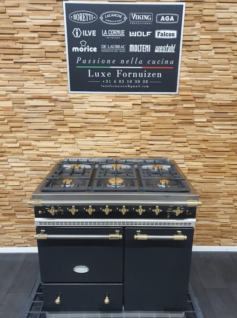 🔥Lacanche Fornuis 90cm zwart + messing 2 ovens 6 pits, Ophalen, 60 cm of meer, Zo goed als nieuw, Energieklasse A of zuiniger