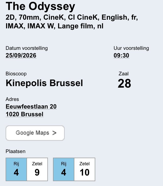 Imax kinepolis The Odyssey voor 2 personen 25/09, Tickets & Billets, Deux personnes