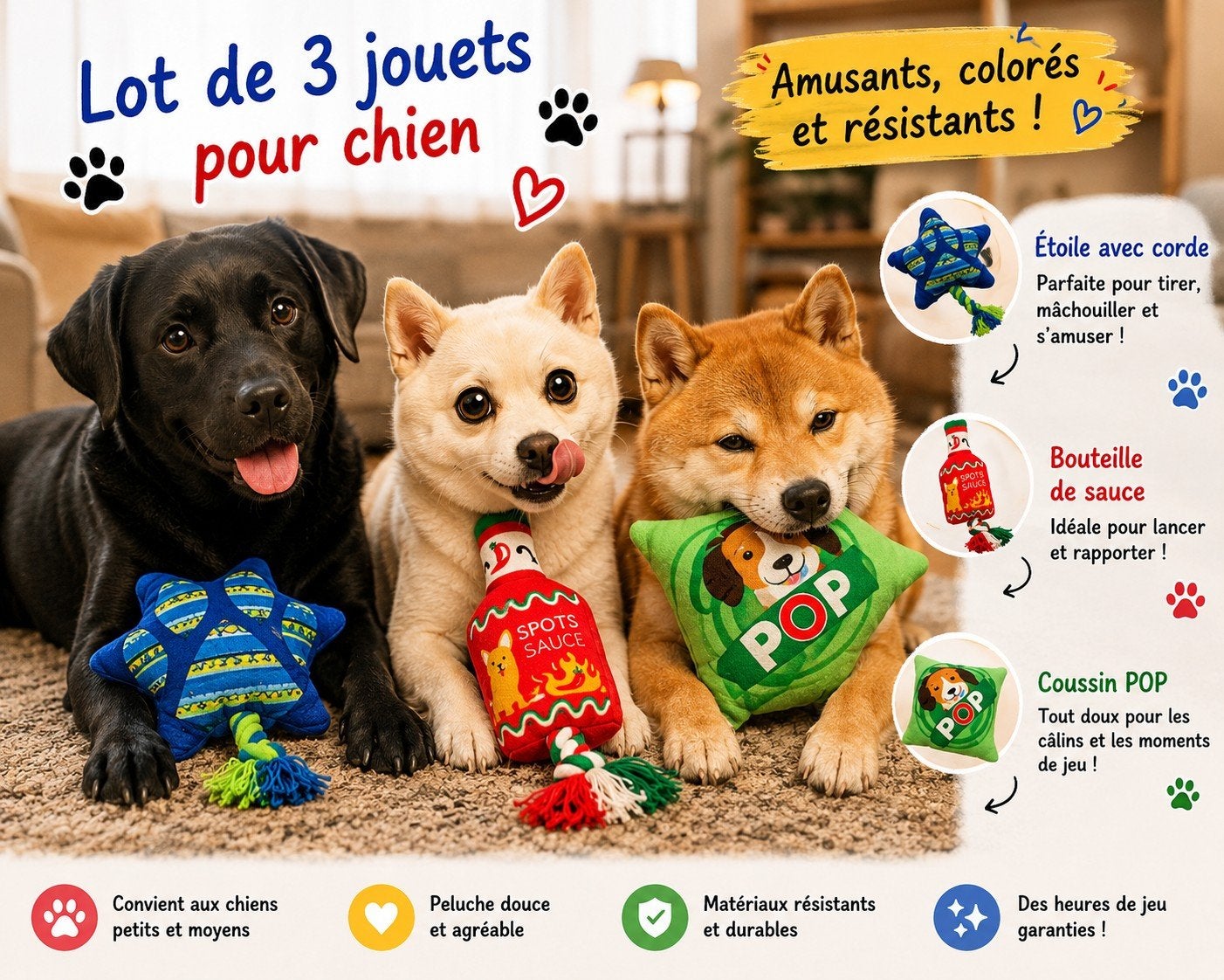 Lot de 3 jouets pour chien en peluche avec corde, Enlèvement, Neuf