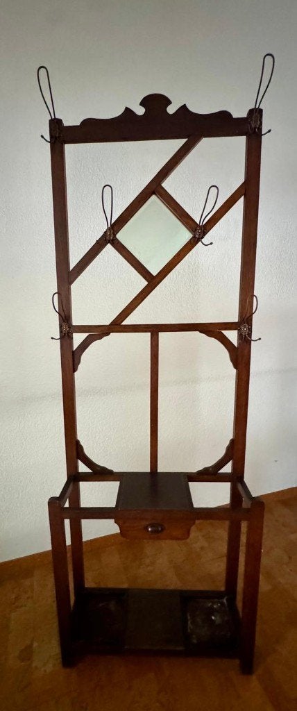 ANTIEKE HOUTEN VESTIAIREKAPSTOK MET SPIEGEL, Antiek en Kunst, Ophalen