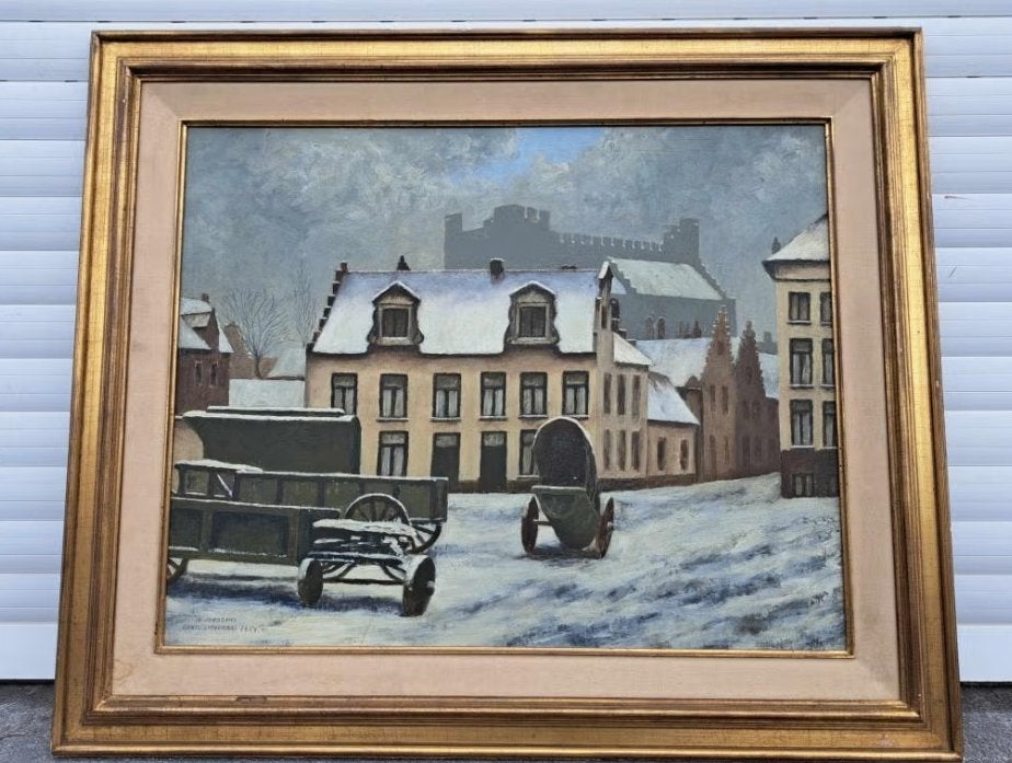 huile sur panneau gand signe m janssens, Antiek en Kunst, Ophalen of Verzenden, Paneel
