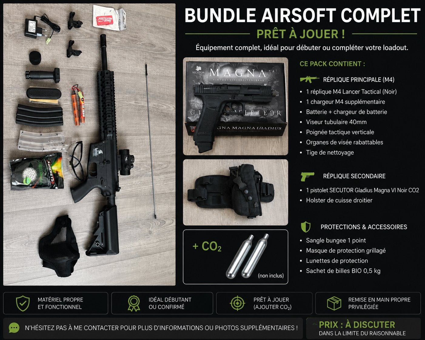 Bundle Airsoft Complet – M4 + Pistolet CO2 + Équipement, Enlèvement