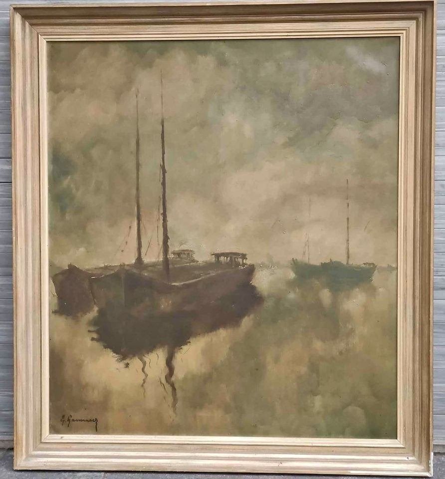 Huile sur toile marine signe Émile lammers, Antiquités & Art, Enlèvement ou Envoi, Toile