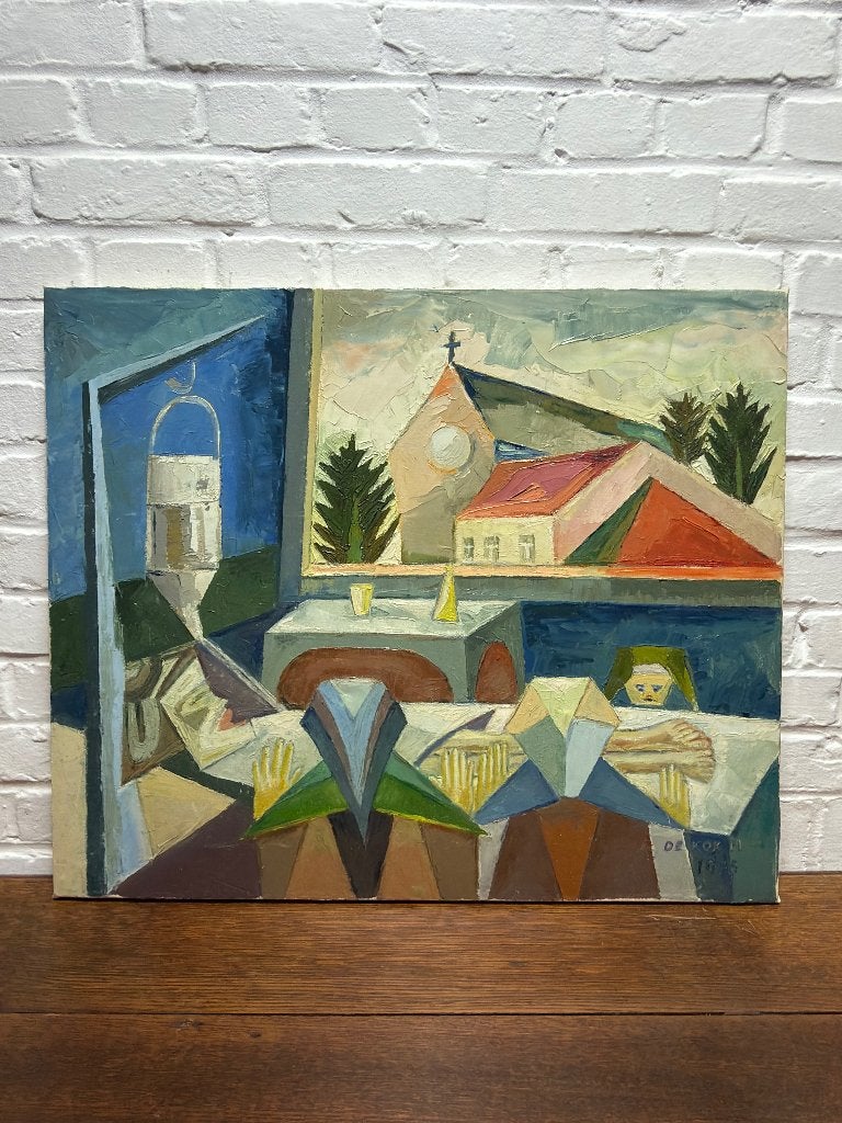 Origineel Kubistisch Olieverfschilderij (1975) – M. de Kok, Ophalen of Verzenden