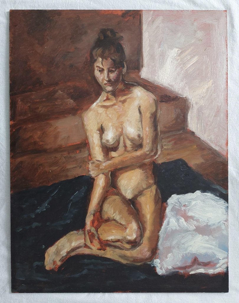 Studie in Olieverf van Naakte Vrouw Zittend, Antiek en Kunst, Paneel, Portret of Personen, Ophalen of Verzenden, Olieverf