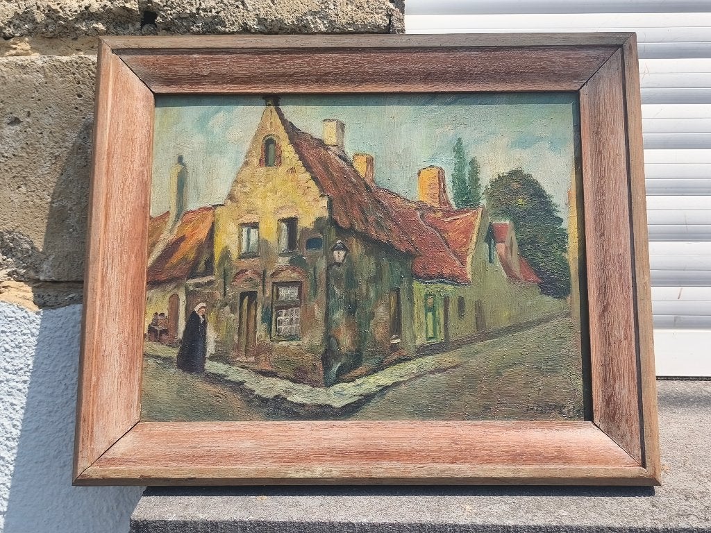Huile sur panneau ruelle a bruges signe julien celos, Antiquités & Art, Enlèvement ou Envoi, Panneau