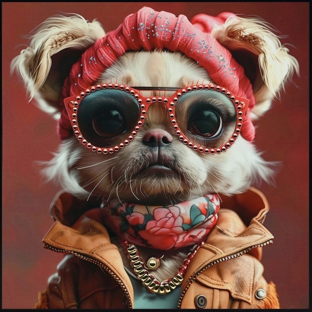 Stoer schilderij van hondje met strass steentjes en kralen., Ophalen, 50 tot 75 cm, Nieuw, Schilderij