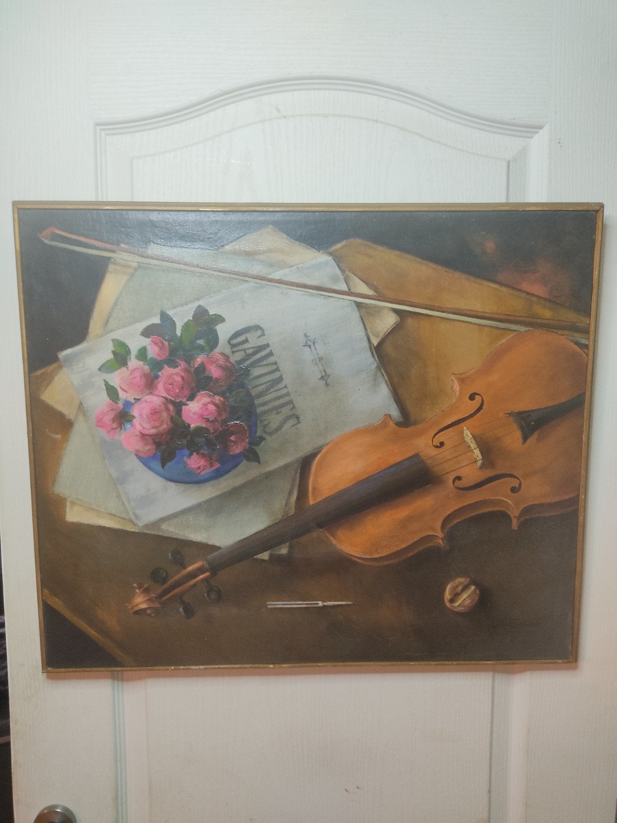 Huile sur toile Nature morte Violon M. Vander Elst, Antiquités & Art, Enlèvement ou Envoi, Peinture à l'huile, Signé, Nature morte